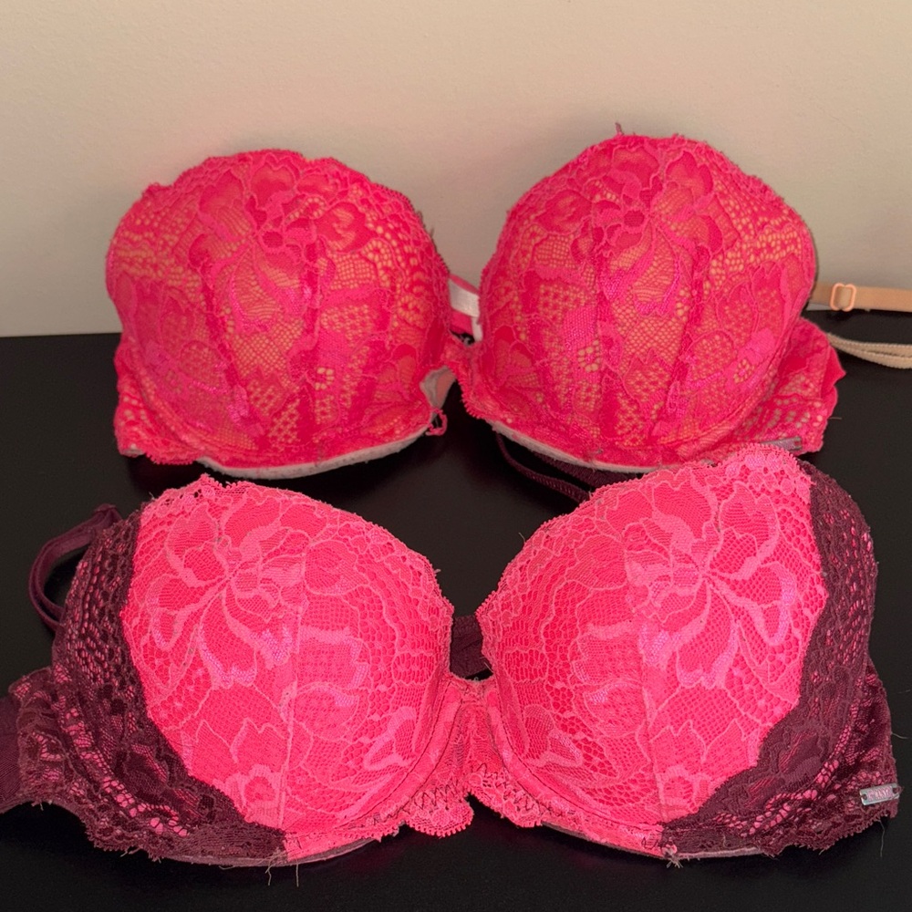 PINK Victoria's Secret Lace Push-Up Bra Set - Hot Pink and Deep Brown